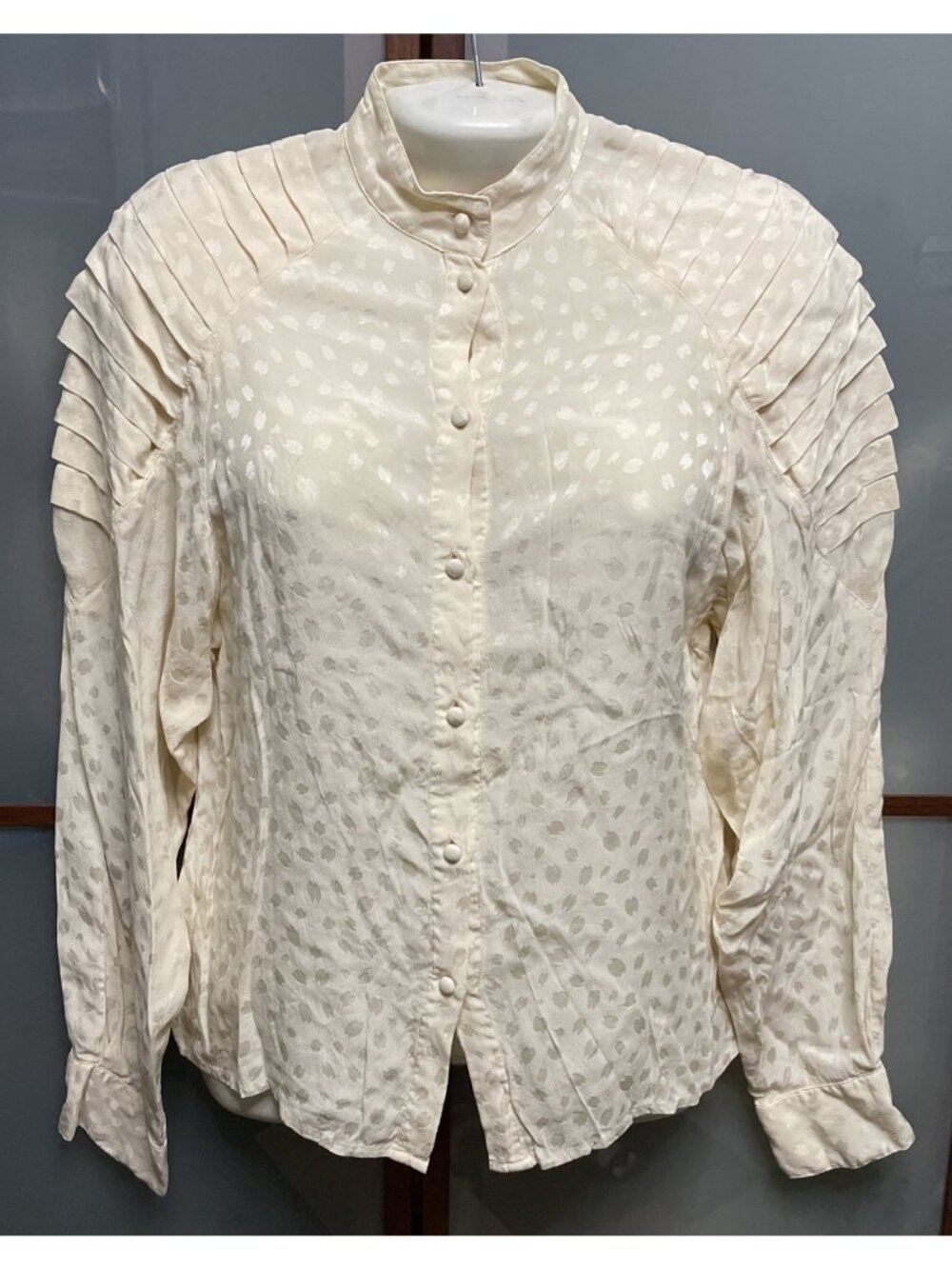 Bellino Paris Mode Vintage Size 6 Silk Spotted Pleated Long Sleeve Beige Blouse